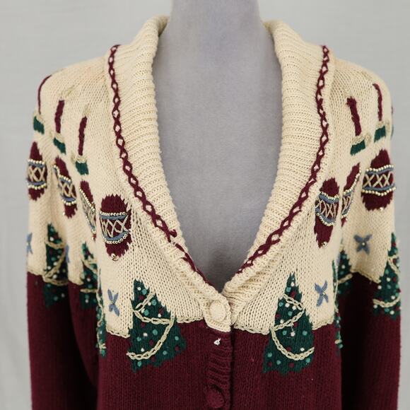 Talbots Sweater Womens Medium Ivory Burgundy Holiday Cardigan Hand Knit Vintage - Picture 7 of 14
